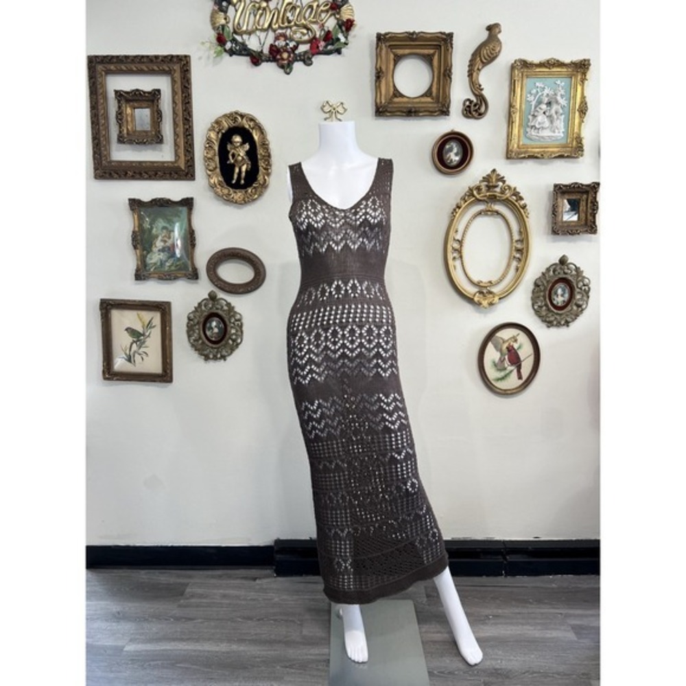 SNDYS Brown Open Crochet Knit Maxi Dress Size S